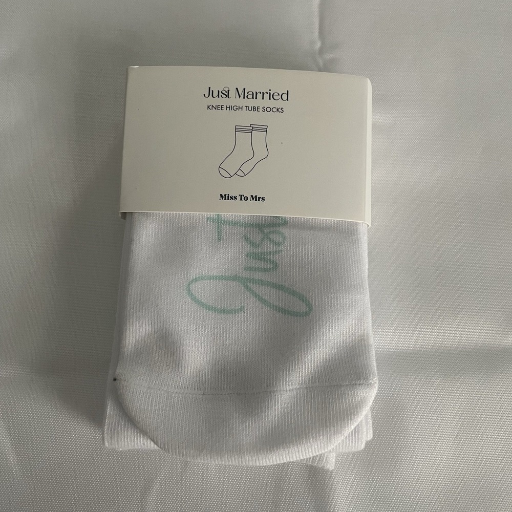 NWT "Just Married" Knee High Tube Socks Miss To Mrs. White Real Seafoam Green